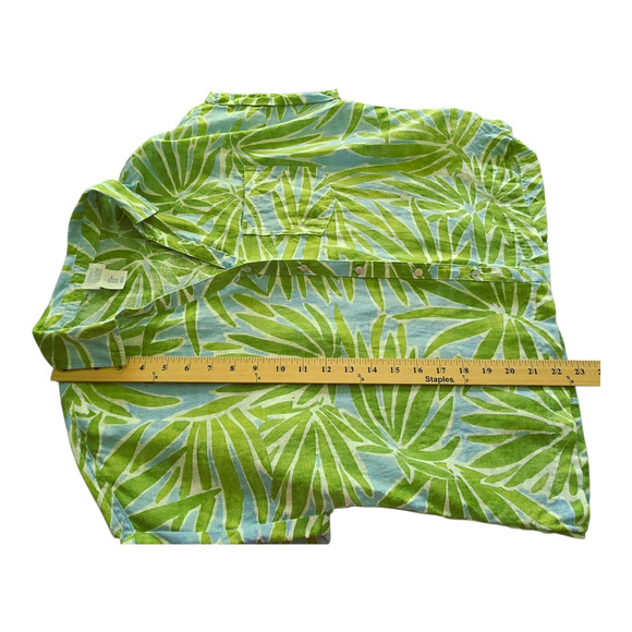 Sigrid Olsen Top Womens Size Medium Green/ Blue Palm Leaf 100% Linen Button Up - Picture 9 of 10